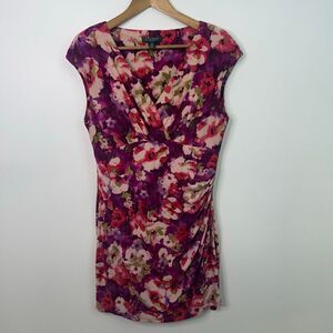 Lauren Ralph Lauren Floral Ruched Dress Womens 14 Purple Pink Cap Sleeve Stretch